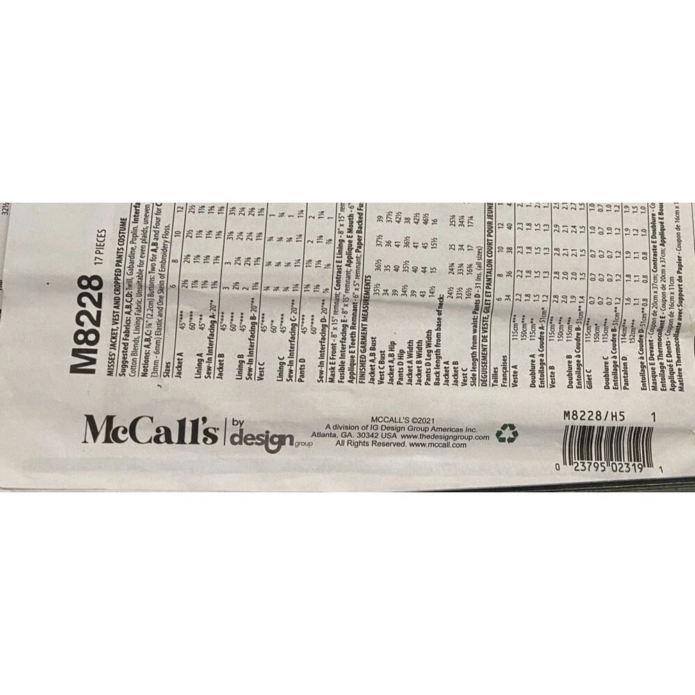 McCall's Costumes Sewing Pattern M8228 Size H5 6-8-10-12-14 New